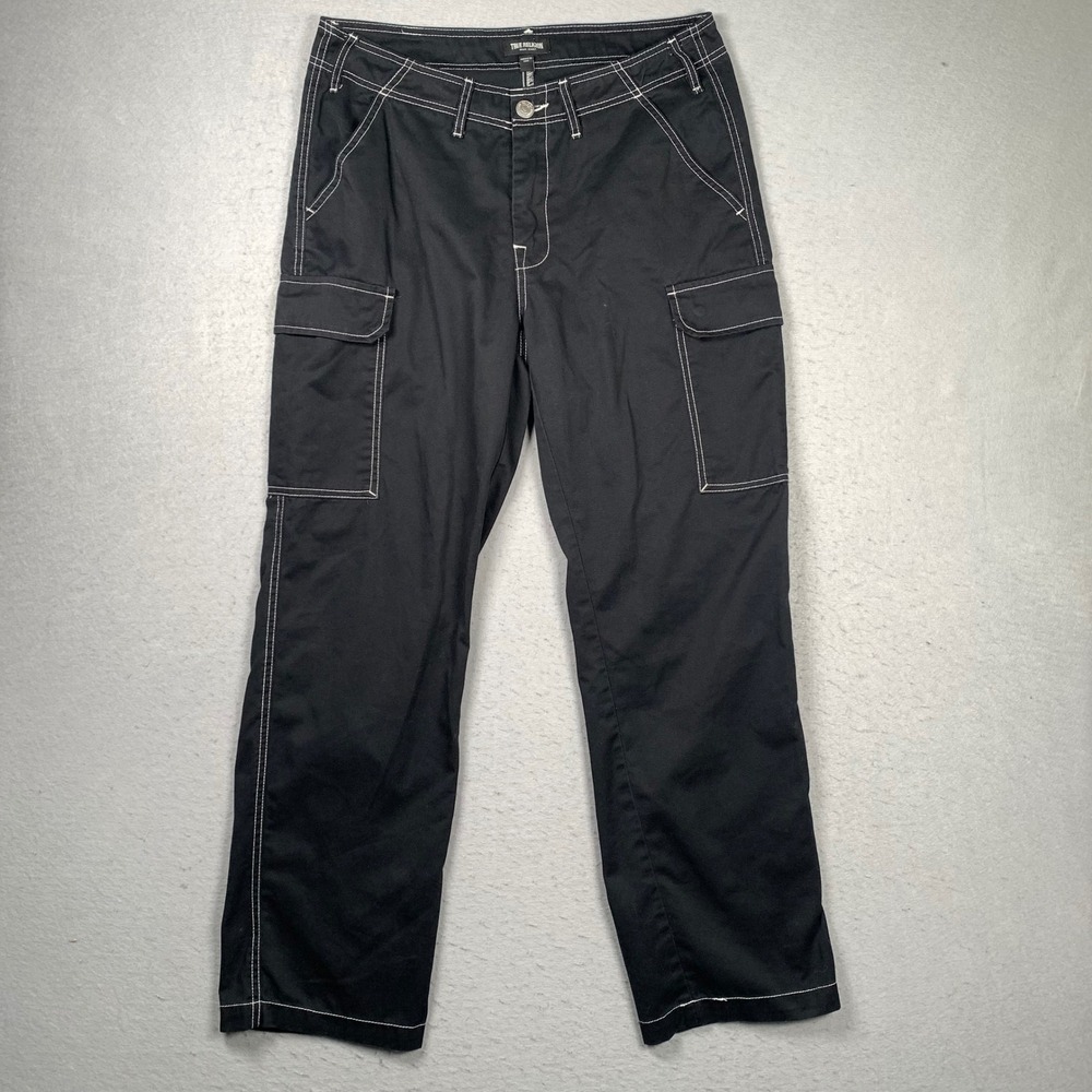 True Religion Cargo Pants Mens 32 (35x32) Black Contrast Stitch Baggy Skater Y2K